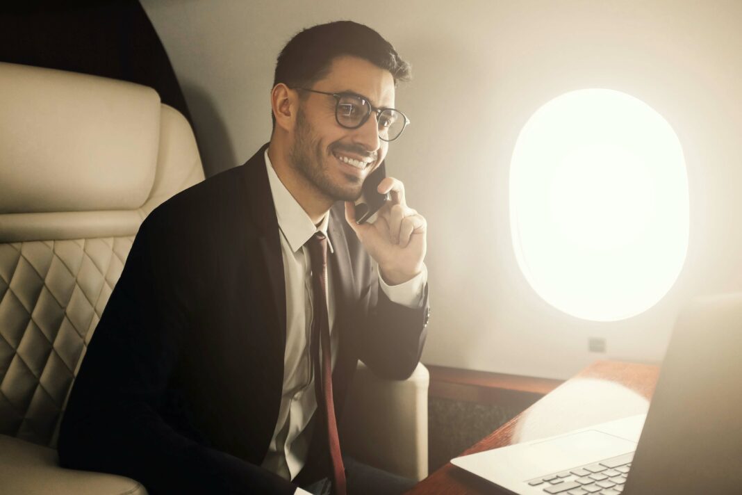 Man flying on phone