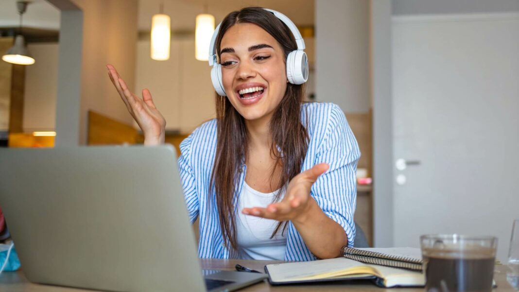 Woman Using A VoIP System