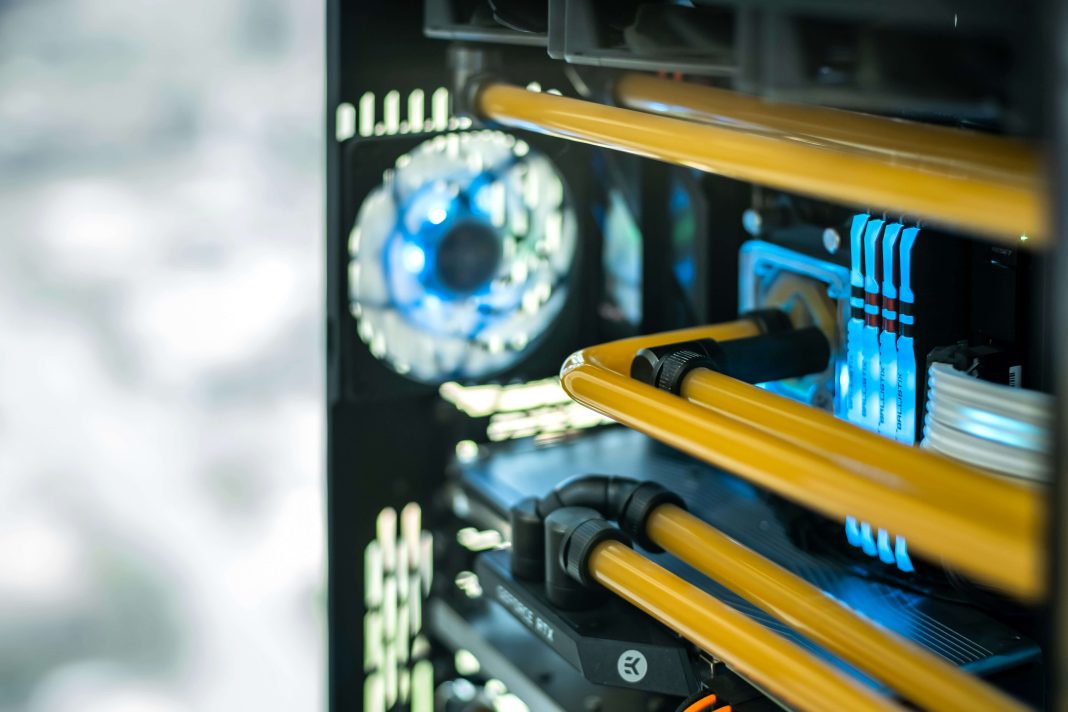 Close-up-of-a-high-end-custom-computer-tower-featuring-internal-cooling-tubes